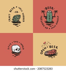 Beer skull and hop for print. Original brew design with skeleton, metal can and crumpled cap for craft beer bar, pab or brewery