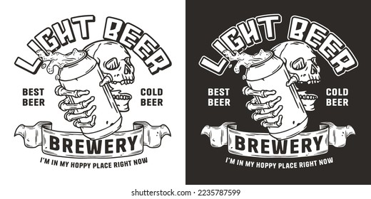 Beer skull and metal can with foam splash. Skeleton with beer can in bone hand for brewery or bar. Craft beer vector logo or emblem for monochrome label design of tin for pub and beer store.