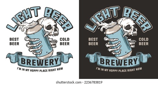 Beer skull and metal can with foam splash. Skeleton with beer can in bone hand for brewery or bar. Craft beer vector logo or emblem for label design of tin for pub and beer store.