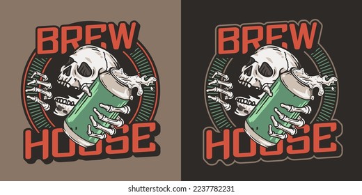 Beer skull and metal can with foam splash. Skeleton with beer can in bone hand for brewery or bar. Craft beer vector logo or emblem for label design of tin for pub and beer store.