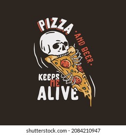 Beer skull with pizza for print. Original brew or food design of skeleton and pizza for bar or cafe