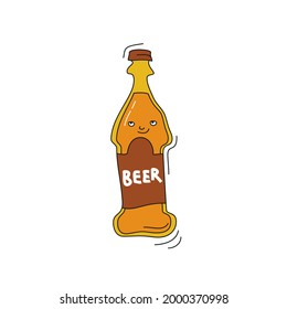 Beer with smile on white background. Cartoon sketch graphic design. Doodle style with black contour line. Cute hand drawn bottle. Party drinks concept. Freehand drawing style. Vector.