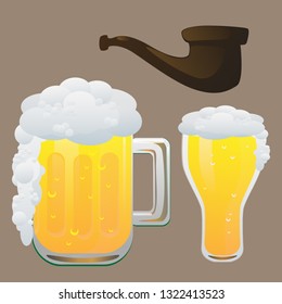 Beer and smoking pipe isolated vector illustration