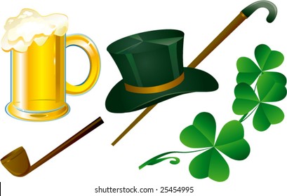Beer, smoking tube, hat and clover