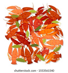 Beer snack. Boiled red crayfishes served with greenery. Prepared crawfishes or lobsters are with aromatic bay laurel leaves. Vector cartoon illustration isolated on white background.