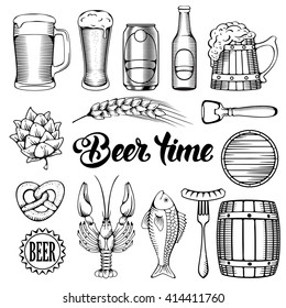 Beer and Snack design elements set in Outline Hand Drawn Doodle Style. Black, monochrome. Isolated on white background. Vector Illustration. 