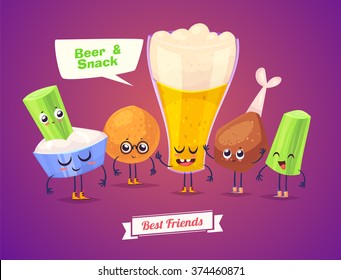 Beer and snack. Funny characters beer glass light and snack. Best friends set. Vector illustration. Funny alcohol. Vector cartoon illustration. Cute stylish characters.