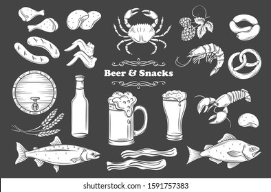 Beer and snack glyph isolated icons set. White on black vector illustration for pub shop label.