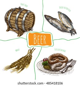 Beer and snack products illustration. Vector colorful illustration of beer and snack product