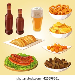 Bier, Imbiss zu Bier, Würstchen, Kartoffelchips, Käsebälle. Vektorgrafik