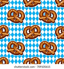 Beer snack seamless background. Vector pattern, baked salty fresh pretzels. National holiday German Oktoberfest beer fest. Food texture for textile, wrap paper, wallpaper, background, surface, cover