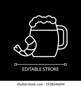 Beer with snack white linear icon for dark theme. Alcohol with prawn. Shrimp to eat with drink. Thin line customizable illustration. Isolated vector contour symbol for night mode. Editable stroke