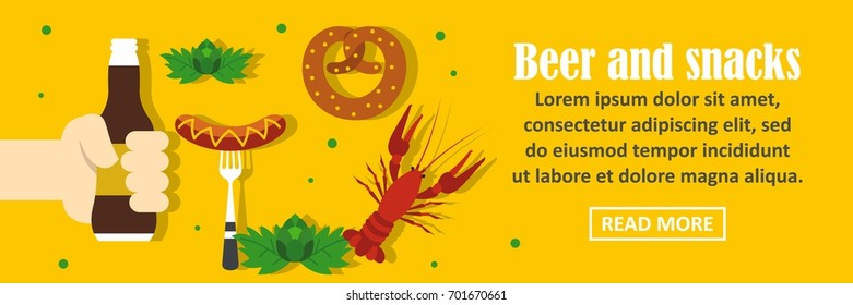 Beer and snacks banner horizontal concept. Flat illustration of beer and snacks banner horizontal vector concept for web