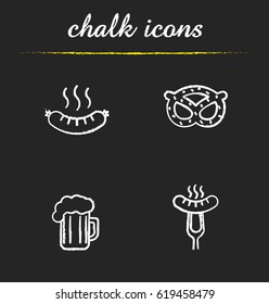 Beer Snacks Chalk Icons Set. Steaming Sausage On Fork, Bratwurst, Brezel, Foamy Beer Glass. Isolated Vector Chalkboard Illustrations