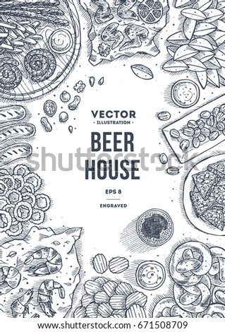Beer snacks collection. Pub dinner. Top view illustration. Vector illustration