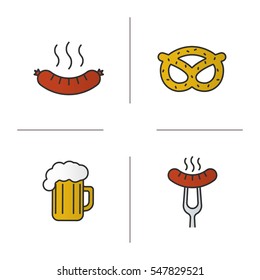  Beer snacks color icons set. Steaming sausage on fork, bratwurst, oktoberfest brezel, foamy beer glass. Isolated vector illustrations