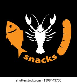 Beer snacks. Crayfish, fish, sausage vector. Icon for a website or application bar
