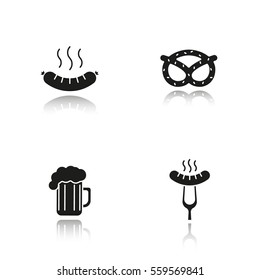 Beer snacks drop shadow black icons set. Steaming sausage on fork, bratwurst, brezel, foamy beer glass. Isolated vector illustrations