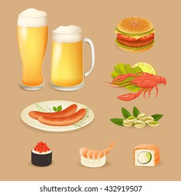 Beer and snacks. Hamburger, crawfish, grilled sausages, pistachios, sushi and two glasses of beer realistic vector