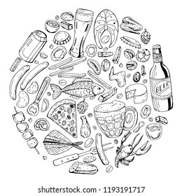 Beer and beer snacks. Hand drawing black and white.  Vector objects on white background. It can be perfectly used for the design of the menu of pubs, eateries, packaging and advertising.