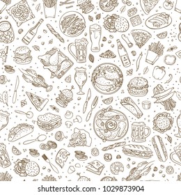 Beer And Snacks Hand Drawn Vector Seamless Pattern. Pub Food Illustration