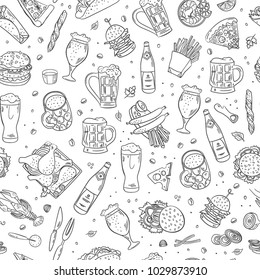 Beer and snacks hand drawn vector seamless pattern. Pub food illustration