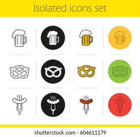 Beer snacks icons set. Linear, black and color styles. Steaming sausage on fork, brezel, foamy beer glass. Isolated vector illustrations