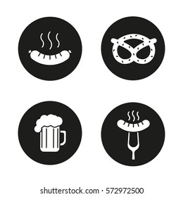 Beer snacks icons set. Steaming sausage on fork, bratwurst, brezel, foamy beer glass. Vector white silhouettes illustrations in black circles