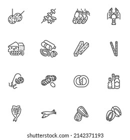 Beer snacks line icons set, Pub food menu outline vector symbol collection, linear style pictogram pack. Signs, logo illustration. Set includes icons as sausage, seafood, cheese, fish, pretzel, peanut