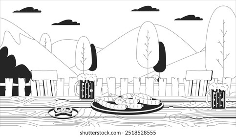 Cerveza y aperitivos para la celebración del Oktoberfest ilustración de línea en blanco y negro. Bebida de alcohol con salchichas y pretzel sobre mesa 2D paisaje monocromo telón de fondo. Vector de contorno de restaurante al aire libre