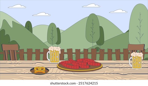 Beer and snacks for oktoberfest celebration flat illustration. Alcohol drink with sausages and pretzel on table 2D landscape cartoon background. Outdoor restaurant and feast scene vector image