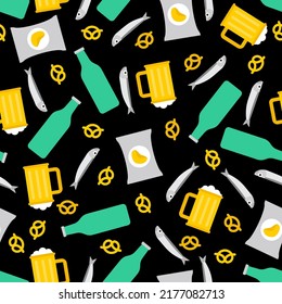Beer and snacks pattern seamless. Fish and chips and a mug of beer background. pub sign texture