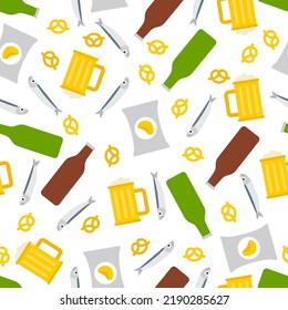 Beer and snacks pattern seamless. Fish and chips and a mug of beer background. pub sign texture