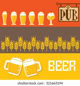 beer and snacks pixel banner set. Old school computer graphic style.