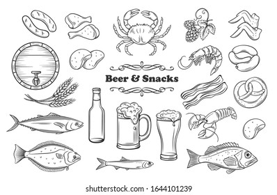 Beer and snacks. Pub shop icons. Meat, fish, chips and bottle or glass beer. Alcohol and snack concept. Vector illustration.