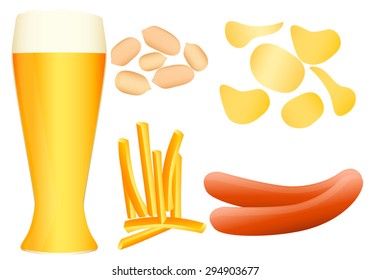 Beer snacks. Set of chips, french fries, sausage and peanuts. Vector illustration
