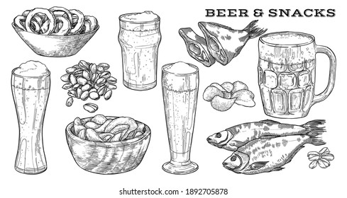 Beer and snacks. Set of elements isolated on white background. Hand drawn vector illustration. 