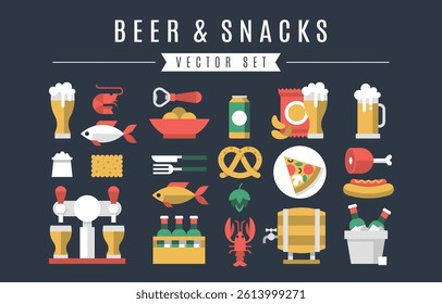 Beer and snacks set of elements vector illustration icons