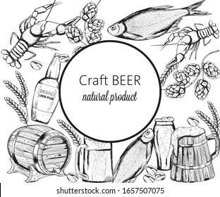 Beer snacks set with fish, crayfish, artichoke and pistachio nuts