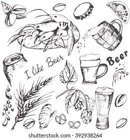 Beer and snacks set. Vector sketch illustration, doodle background.