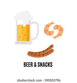 Beer and snacks with shrimps and sausages vector flat illustration