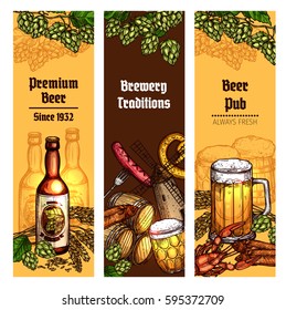 Beer with snacks sketch banner set. Beer bottle, glass, mug and barrel with grilled sausage, salty pretzel, fish and crayfish, decorated with branches of hops and malted barley. Pub, brewery design