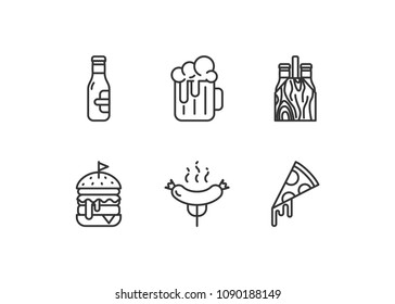 Beer and snacks vector icons set, outline style. Editable stroke