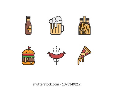 Beer and snacks vector icons set filled outline style