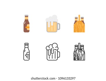 Iconos vectoriales de cerveza y aperitivos configuran estilo plano y de contorno