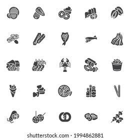 Beer snacks vector icons set, modern solid symbol collection, filled style pictogram pack. Signs, logo illustration. Set includes icons as potato chips, onion rings, grilled chicken wings, dried fish