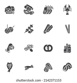 Juego de iconos vectoriales de aperitivos de cerveza, menú Pub comida colección moderna de símbolos sólidos, paquete de pictogramas estilo relleno. Señales, ilustración del logotipo. El juego incluye iconos como salchicha, mariscos, queso, pescado, pretzel, cacahuete