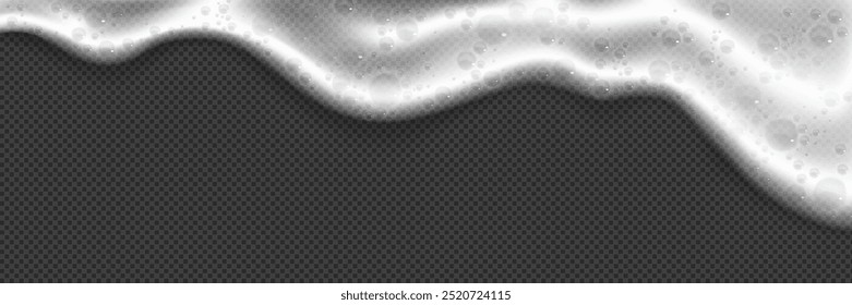 Beer or soap white flowing foam border on transparent background. Realistic 3d vector illustration of foamy frame with bubbles. Shampoo or detergent froth drips down. Brewery drink fuzzy edge bg.