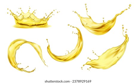Beer or soda drink, honey, oil or juice splashes. Realistic yellow liquid swirl, transparent wave flow and crown splash set with vector 3d gold drops and ripples, refreshment beverage or food ad svg