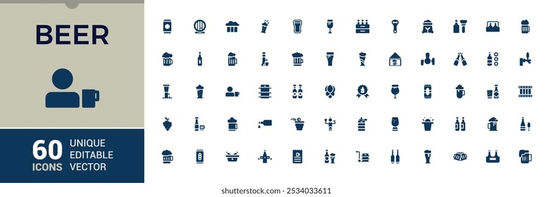 Bier Solid Icons gesetzt. Enthaltend Craft Beer, Bierglas, Pint, Bierhahn, Schaum, Pub Icons und mehr. Minimale vektorgefüllte Symbolsammlung. Bearbeitbare Vektorgrafik.